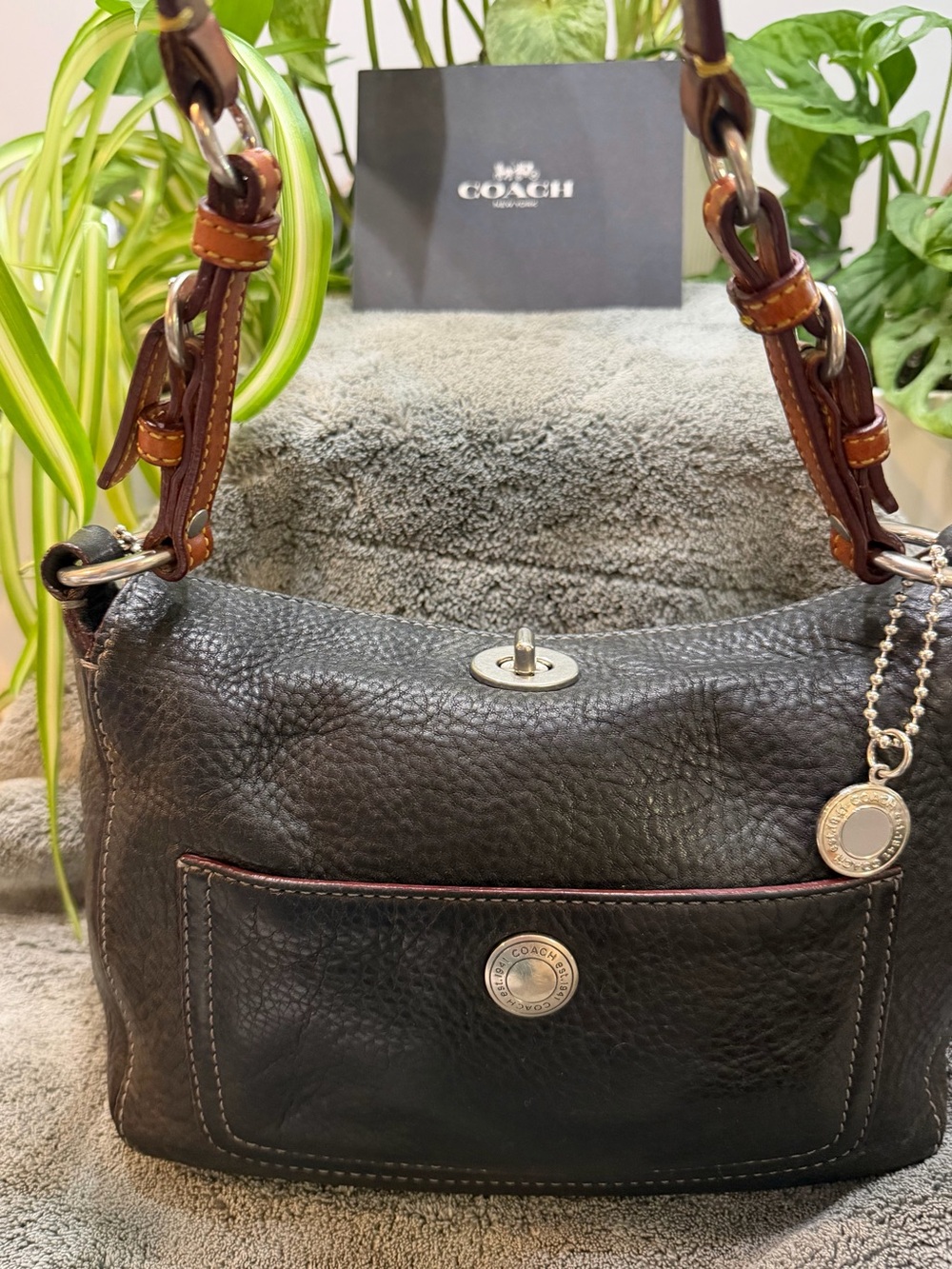 Coach Black Pebbled Leather Shoulder Bag with Brown Strap Accents
